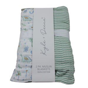 Kyle & Deena Muslin Baby Swaddle Blanket Set Dinosaur Striped Boys NWT RARE